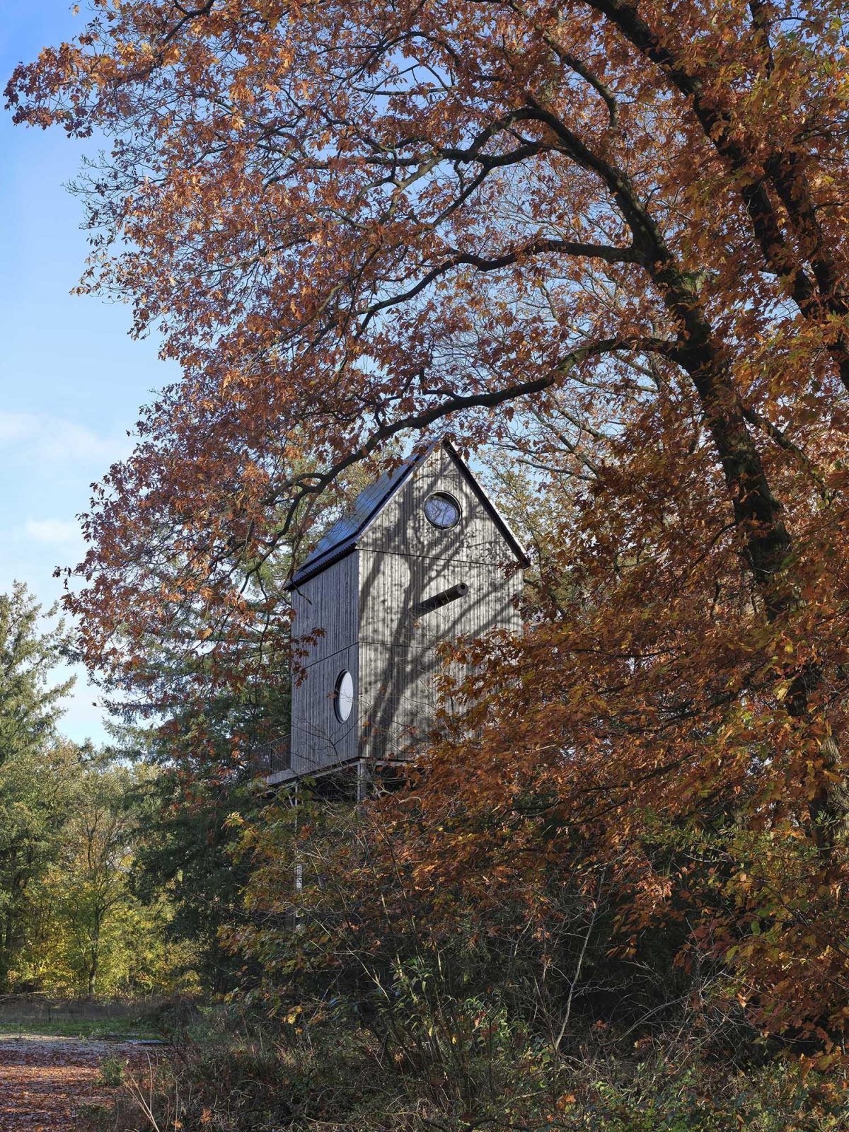 Zwart houten woonmodule tussen herfstbomen aan rivier