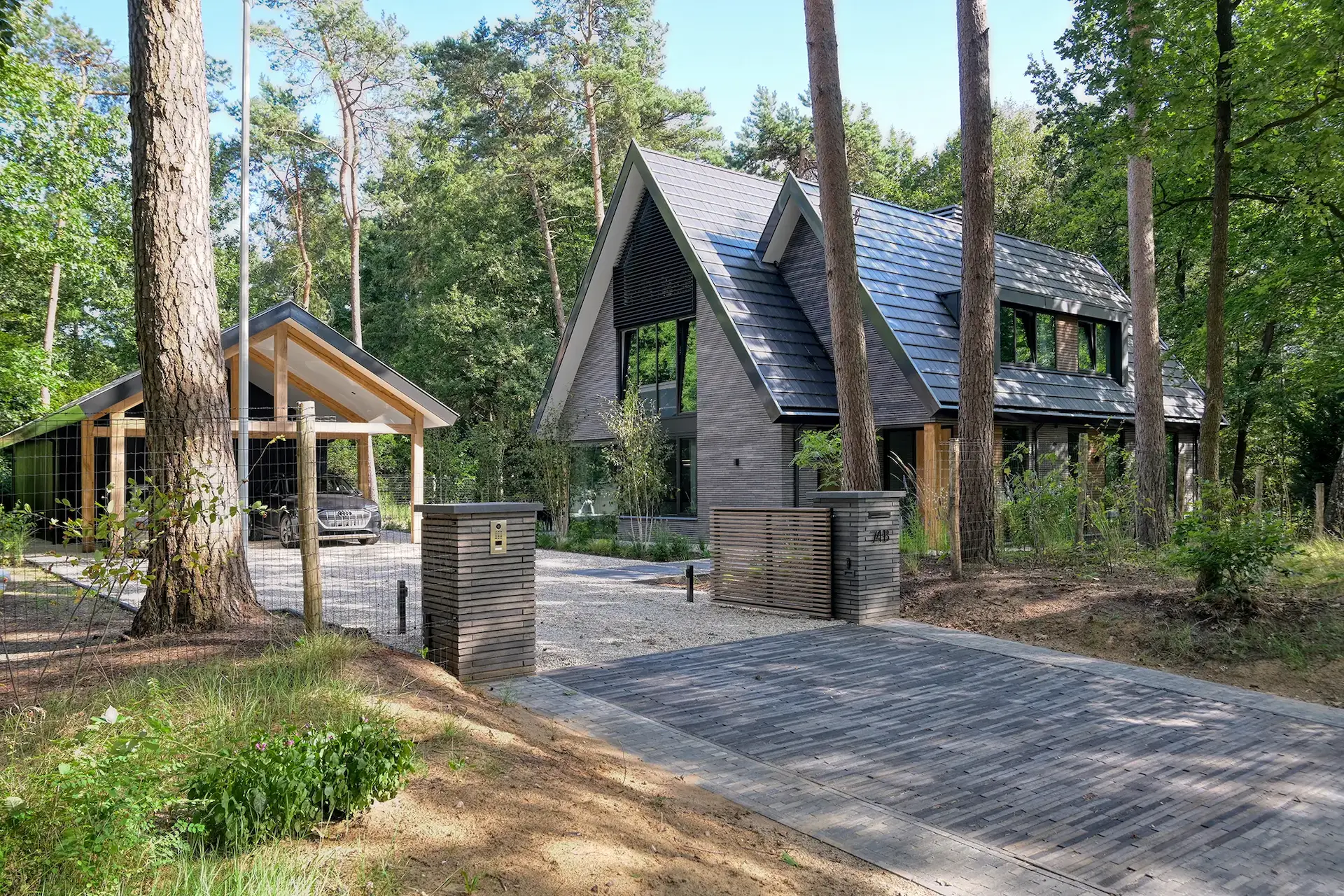 Modern black house with pitched roof and wooden entrance gate