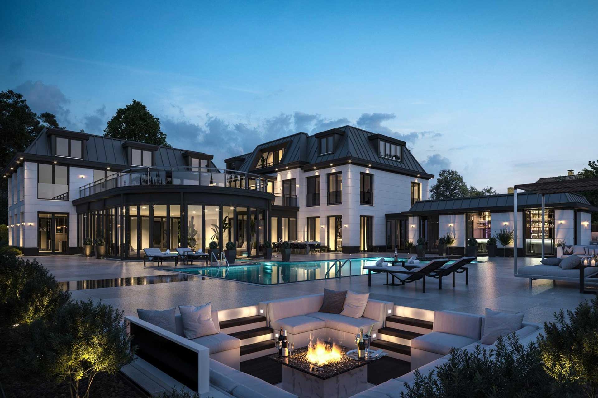 Luxe villa met zwembad, loungezetel en geïntegreerde terras bij schemering